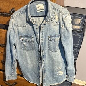 Zara Distressed Light Blue Denim Shirt